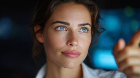 Portrait of beautiful young woman with blue eyes looking at camera.の素材