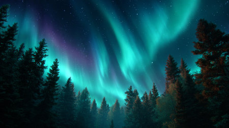 Northern lights in the night sky. Aurora borealis, northern lights over the forestの素材