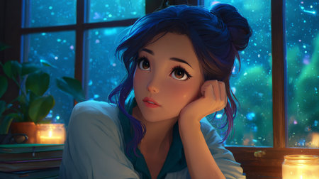 Portrait of a beautiful girl with blue hair in the room at nightの素材