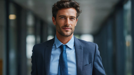 portrait of handsome businessman in suit looking at camera in modern officeの素材