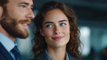 Portrait of smiling businesswoman looking at camera with colleague in backgroundの素材