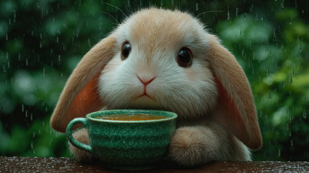 Rabbit with cup of hot tea in rainy day on green backgroundの素材