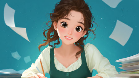 Portrait of a cute young woman sitting at her desk and doing her homeworkの素材