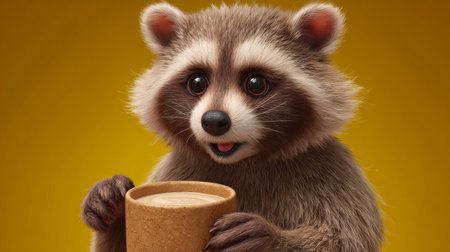 Cute raccoon with a cup of coffee on a yellow backgroundの素材
