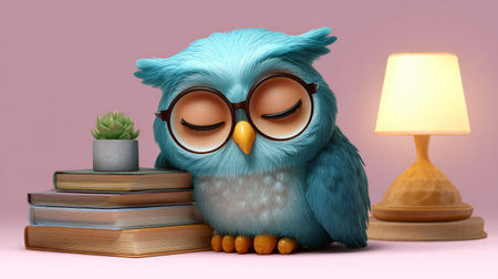 Cute owl with books and lamp on a pink background. 3d renderingの素材