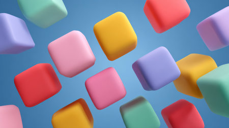 3d rendering of colorful cubes floating in the air on blue backgroundの素材