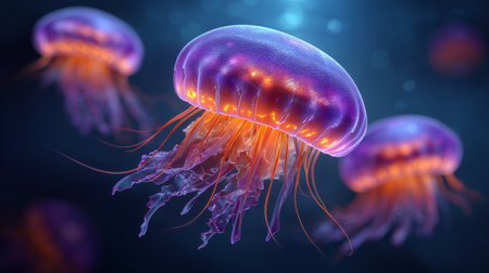 Jellyfish swimming in the ocean. 3d render illustration.の素材