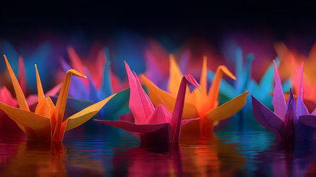 Colorful origami paper boat floating on water with reflection. Abstract background.の素材