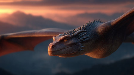 3D rendering of a fantasy dragon flying in the sky at sunsetの素材