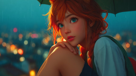 Portrait of a beautiful red-haired girl in a raincoat with an umbrella.の素材