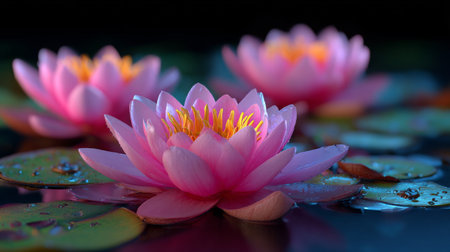 Beautiful pink waterlily or lotus flower in the pondの素材