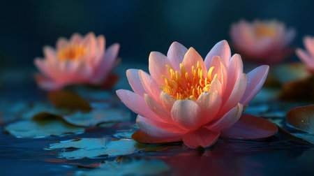 Beautiful pink waterlily or lotus flower in pond.の素材