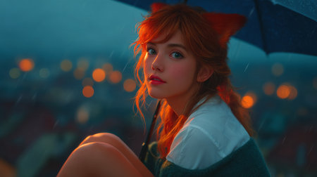 Portrait of a young beautiful girl with red hair under an umbrella in the rainの素材