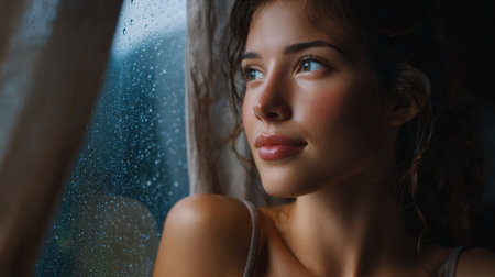 Portrait of a beautiful young woman near the window with raindrops.の素材