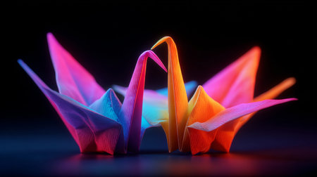 Paper origami cranes on a black background. Close up.の素材