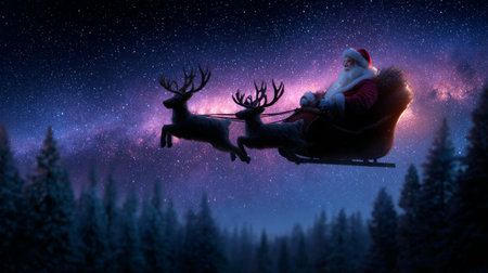 Santa Claus flying in sleigh with reindeer. Mixed mediaの素材