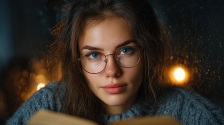 Portrait of a beautiful young girl in glasses reading a book.の素材