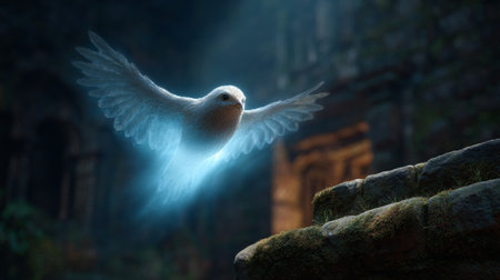 Pigeon flying over the ruins of an old church. 3D renderingの素材