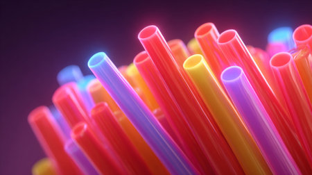 3D render of multi-colored drinking straws on a dark backgroundの素材