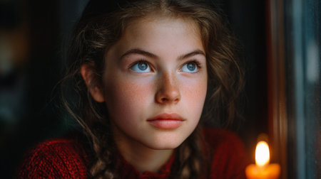 Portrait of a young girl in a red sweater looking at the cameraの素材