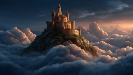 Panoramic view of the medieval castle in the clouds at sunsetの素材