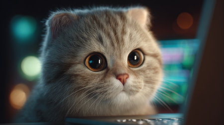 Cute Scottish fold cat looking at the camera in front of a laptop.の素材