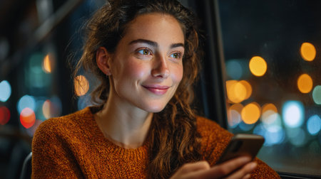 Portrait of a young woman using mobile phone in a cafe at nightの素材