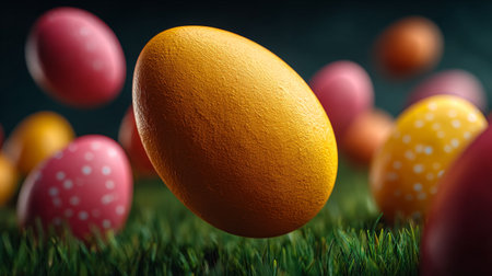 Easter eggs on green grass with bokeh background. 3d illustrationの素材