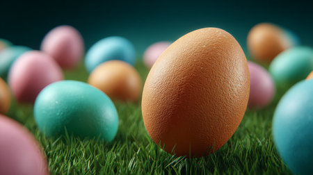 Easter eggs on green grass with bokeh background. 3d illustrationの素材