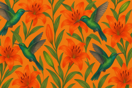 Seamless pattern with hummingbirds and lily flowers on orange backgroundの素材