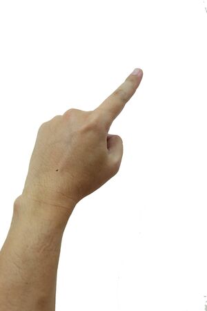 Hand pointing touching or pressing isolated on white. Caucasianの写真素材