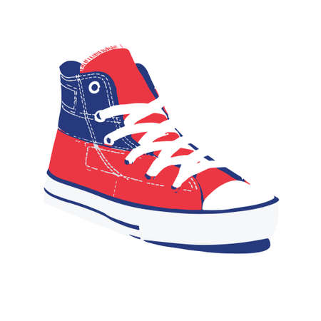 Red sneakers with white laces on a white background.のイラスト素材