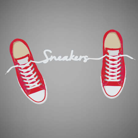Red sneakers with white laces on a gray backgroundのイラスト素材