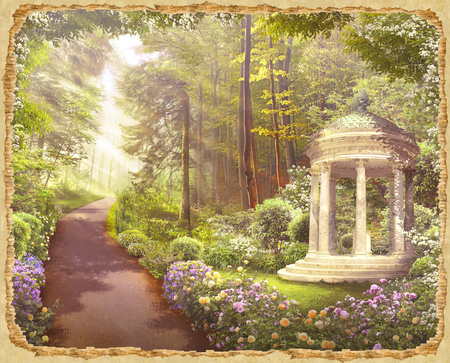 Italian old gazebo in a sunny forestの写真素材