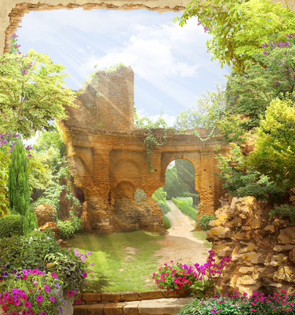 Arch overlooking a gardenの写真素材