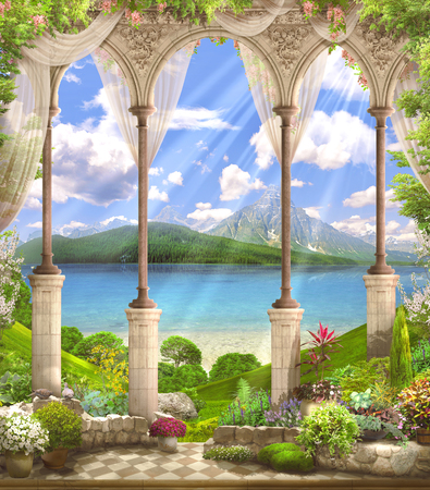 Old stone arch view the seaの写真素材