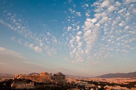Acropolis of Athens with blue sky and cloud, taken before sunsetの写真素材