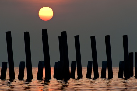 Sunrise over the bridge construction site in Penang, Malaysiaの写真素材