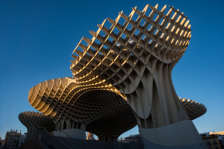 Metropol Parasol is a wooden structure located at La EncarnaciÃ³n squareの写真素材