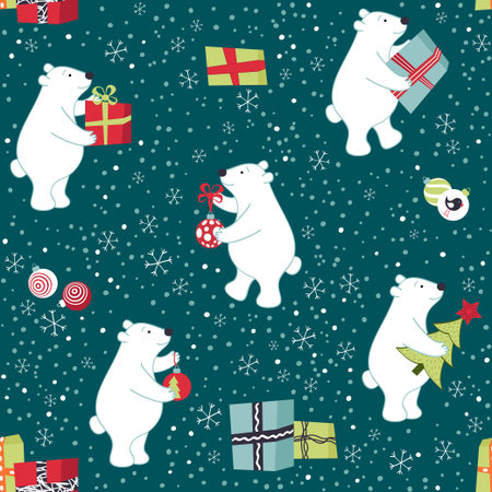Polar Bears in winter seamless pattern. Bears are preparing for Christmas, preparing gifts, decorate the Christmas tree.のイラスト素材