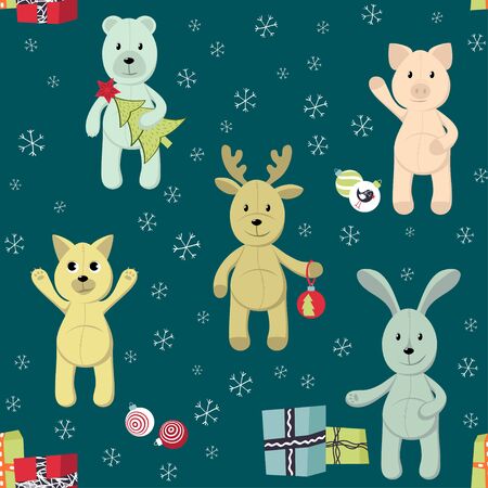 Vector Christmas seamless pattern with toy animals. Vector wrapping paper, napkins.のイラスト素材