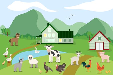 Cartoon farm animals on the background of the countryside. Vector illustration in flat style: goat, sheep, cow, donkey, horse, pig, chicken, rooster, goose, turkeyのイラスト素材