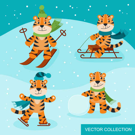 Seamless pattern with Tigers. Funny Tigers play winter games: skiing, ice skating, sculpting a snowman. Winter background for fabric, textile, wallpaper, posters, gift wrapping and paper, napkinsのイラスト素材