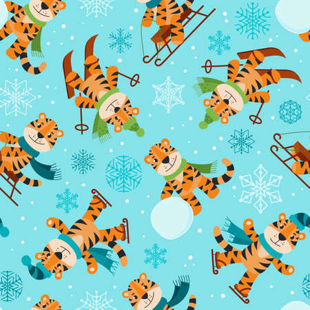 Seamless pattern with Tigers. Funny Tigers play winter games: skiing, ice skating, sculpting a snowman. Winter background for fabric, textile, wallpaper, posters, gift wrapping and paper, napkins.のイラスト素材