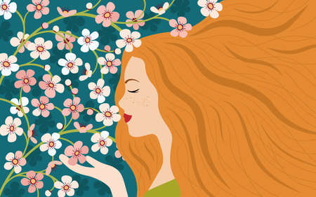 Young girl admires sakura blossoms in spring garden. Greeting Card. Illustration in a flat style. Spring mood. Hello spring.のイラスト素材