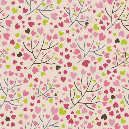 Branches with pink hearts, forest of love - vector illustration, seamless pattern for your design. Background for fabric, textile, wallpaper, poster, web site, card, gift wrapping paperのイラスト素材