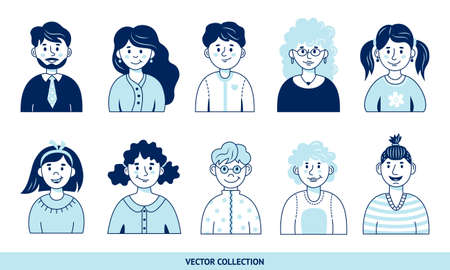 Portraits of different people - vector set. Vector illustration in flat style, profile picture.のイラスト素材
