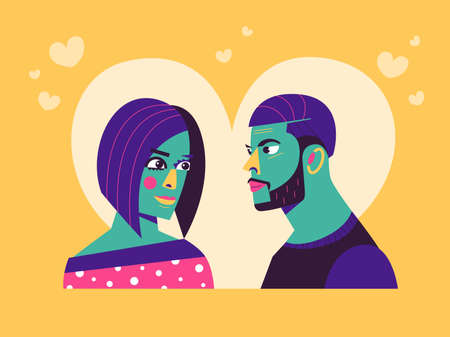 Abstract couple in love - greeting card, vector illustration. The man and woman look at each other. Declaration of love.のイラスト素材