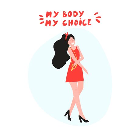Women rights concept. Protest against abortion ban. My body my choice - hand drawn lettering. Illustration of woman in red dress.のイラスト素材