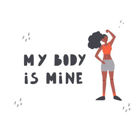 Women rights concept. Protest against abortion ban. My body is mine- hand drawn lettering. Illustration of woman in sport uniformのイラスト素材